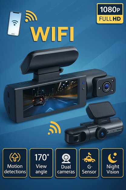 DoTheDash Dual-View 1080P Wi-Fi Dash Cam with Night Vision & Wide-Angle Coverage