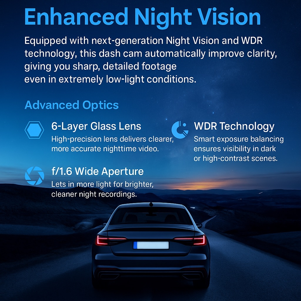 DoTheDash Dual-View 1080P Wi-Fi Dash Cam with Night Vision & Wide-Angle Coverage